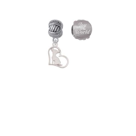 Silvertone Chihuahua Silhouette Heart Joy to the World Charm Beads (Set of 2)