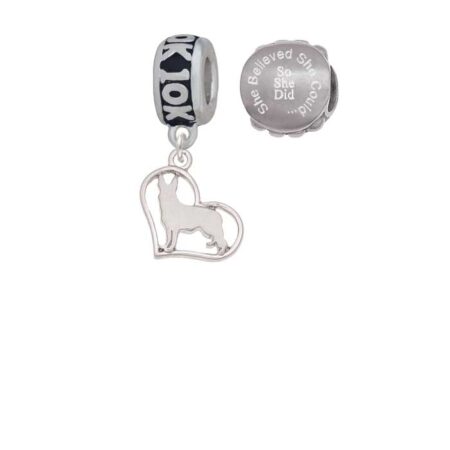 Silvertone German Shepard Silhouette Heart 10K Run She Believed She Could Charm Beads (Set of 2)