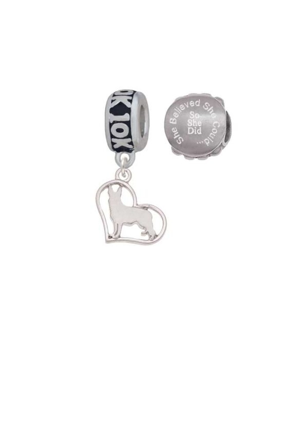 Silvertone German Shepard Silhouette Heart 10K Run She Believed She Could Charm Beads (Set of 2)