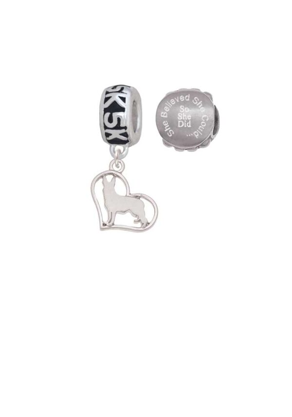 Silvertone German Shepard Silhouette Heart 5K Run She Believed She Could Charm Beads (Set of 2)