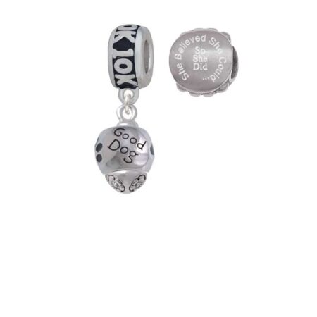 Silvertone Good Dog with Black Paw Spinners 10K Run She Believed She Could Charm Beads (Set of 2)