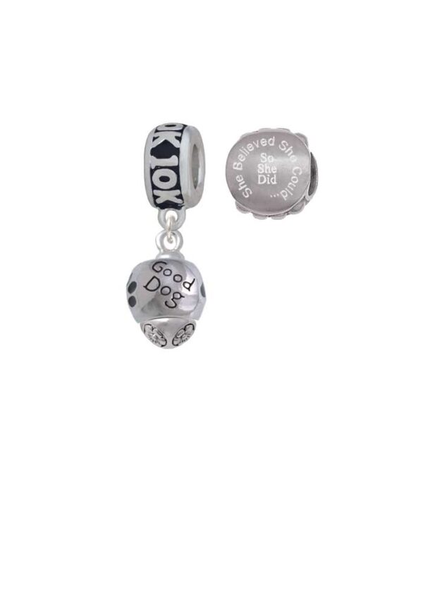 Silvertone Good Dog with Black Paw Spinners 10K Run She Believed She Could Charm Beads (Set of 2)