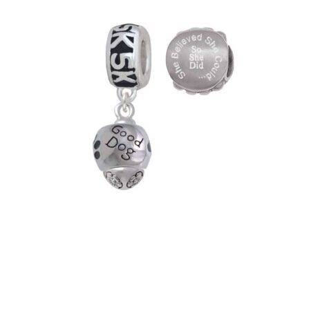 Silvertone Good Dog with Black Paw Spinners 5K Run She Believed She Could Charm Beads (Set of 2)