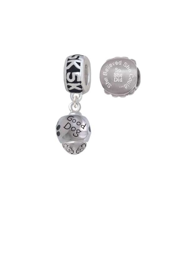 Silvertone Good Dog with Black Paw Spinners 5K Run She Believed She Could Charm Beads (Set of 2)