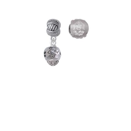 Silvertone Good Dog with Black Paw Spinners Come Let us Adore Him Charm Beads (Set of 2)