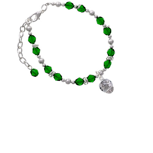 Silvertone Good Dog with Black Paw Spinners Green Beaded Bracelet