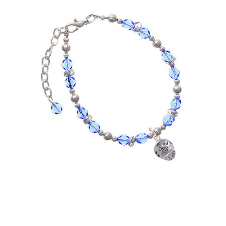 Silvertone Good Dog with Black Paw Spinners Light Blue Beaded Bracelet