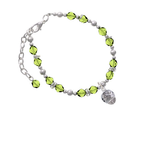 Silvertone Good Dog with Black Paw Spinners Lime Green Beaded Bracelet