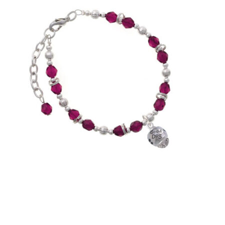 Silvertone Good Dog with Black Paw Spinners Magenta Beaded Bracelet