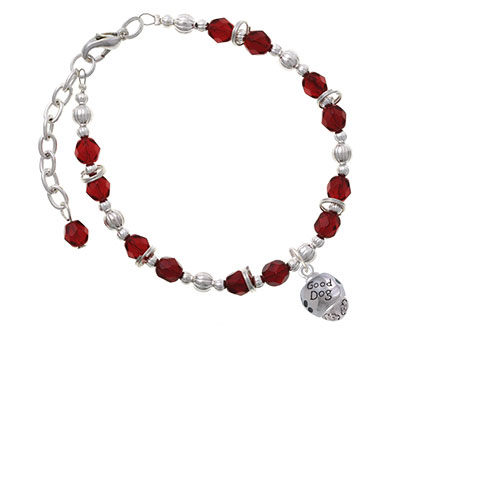 Silvertone Good Dog with Black Paw Spinners Maroon Beaded Bracelet