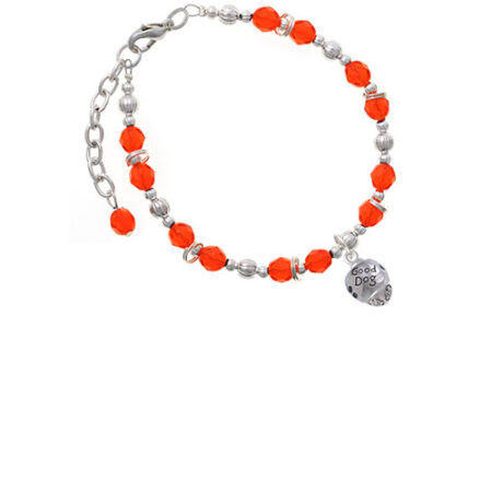 Silvertone Good Dog with Black Paw Spinners Orange Beaded Bracelet