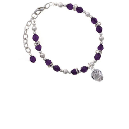 Silvertone Good Dog with Black Paw Spinners Purple Beaded Bracelet