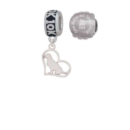 Silvertone Labrador Silhouette Heart 10K Run She Believed She Could Charm Beads (Set of 2)