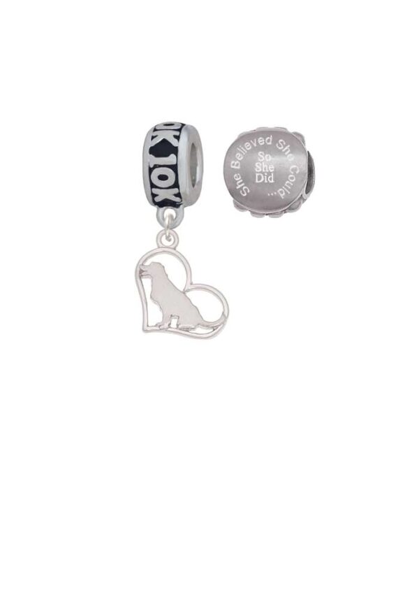 Silvertone Labrador Silhouette Heart 10K Run She Believed She Could Charm Beads (Set of 2)