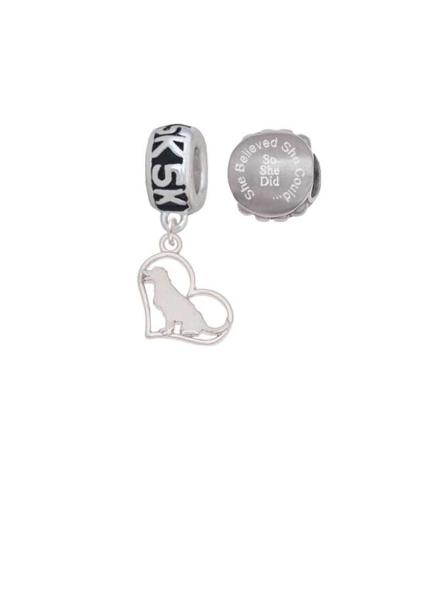 Silvertone Labrador Silhouette Heart 5K Run She Believed She Could Charm Beads (Set of 2)