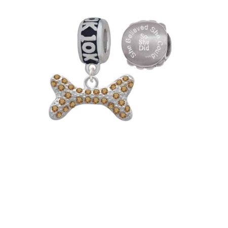 Silvertone Large Brown Crystal Dog Bone 10K Run She Believed She Could Charm Beads (Set of 2)