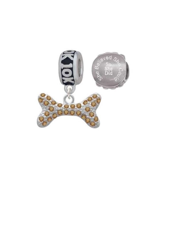 Silvertone Large Brown Crystal Dog Bone 10K Run She Believed She Could Charm Beads (Set of 2)