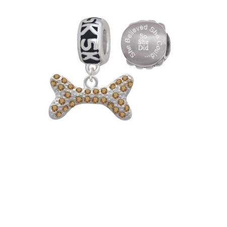 Silvertone Large Brown Crystal Dog Bone 5K Run She Believed She Could Charm Beads (Set of 2)