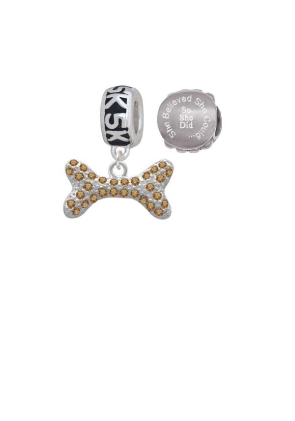 Silvertone Large Brown Crystal Dog Bone 5K Run She Believed She Could Charm Beads (Set of 2)