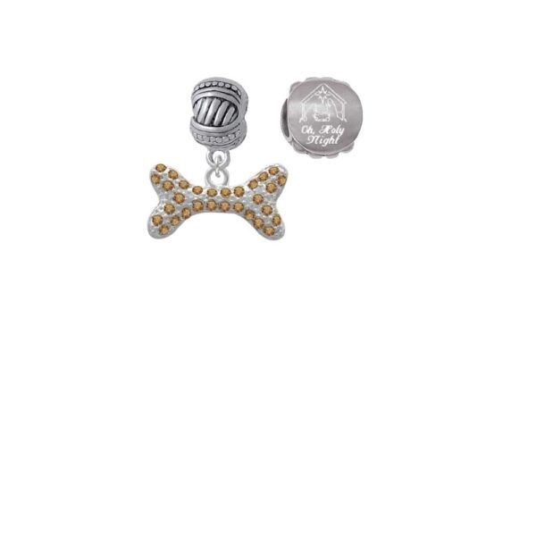 Silvertone Large Brown Crystal Dog Bone Come Let us Adore Him Charm Beads (Set of 2)