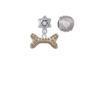 Silvertone Large Brown Crystal Dog Bone Happy Hanukkah Charm Beads (Set of 2)