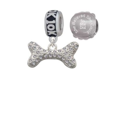 Silvertone Large Clear Crystal Dog Bone 10K Run She Believed She Could Charm Beads (Set of 2)