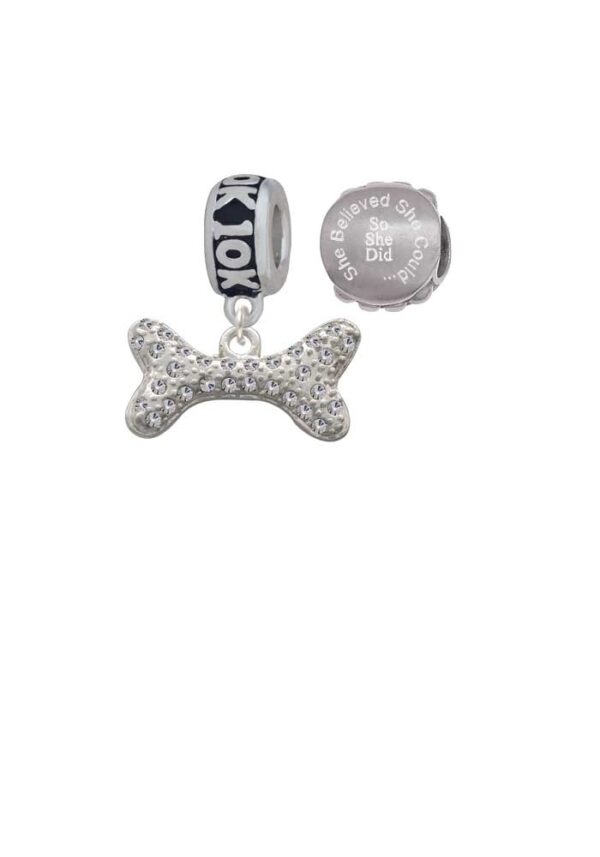 Silvertone Large Clear Crystal Dog Bone 10K Run She Believed She Could Charm Beads (Set of 2)