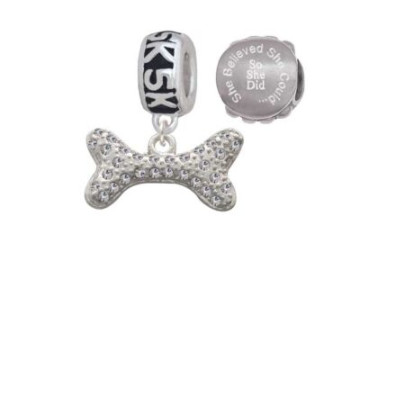 Silvertone Large Clear Crystal Dog Bone 5K Run She Believed She Could Charm Beads (Set of 2)