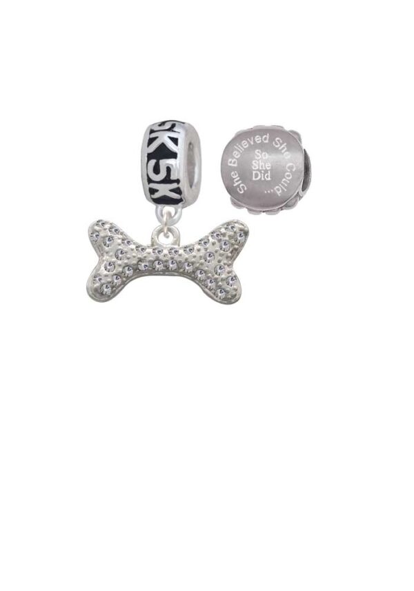 Silvertone Large Clear Crystal Dog Bone 5K Run She Believed She Could Charm Beads (Set of 2)