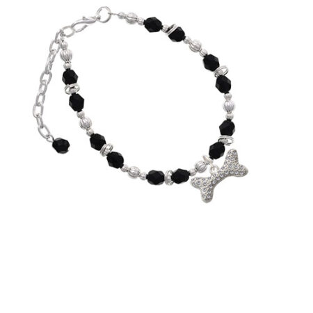 Silvertone Large Clear Crystal Dog Bone Black Beaded Bracelet