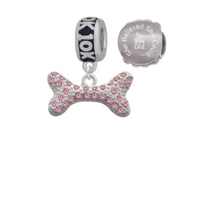 Silvertone Large Light Pink Crystal Dog Bone 10K Run She Believed She Could Charm Beads (Set of 2)