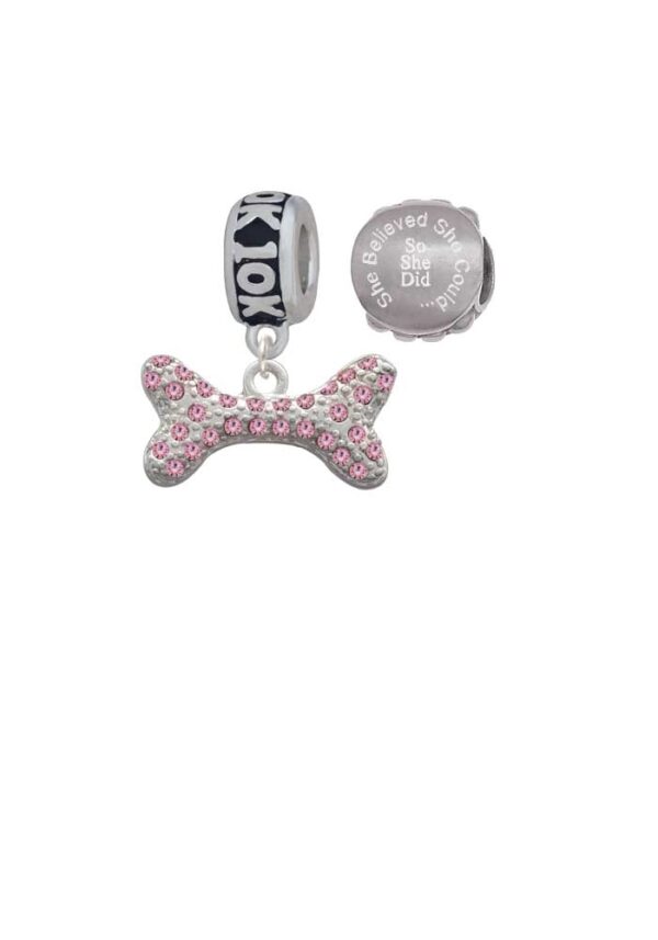 Silvertone Large Light Pink Crystal Dog Bone 10K Run She Believed She Could Charm Beads (Set of 2)