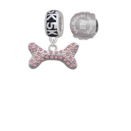 Silvertone Large Light Pink Crystal Dog Bone 5K Run She Believed She Could Charm Beads (Set of 2)