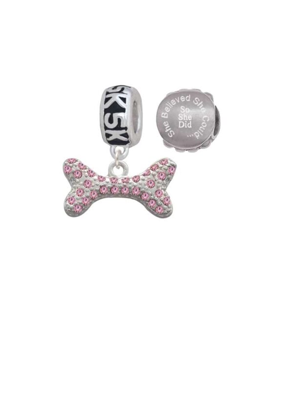 Silvertone Large Light Pink Crystal Dog Bone 5K Run She Believed She Could Charm Beads (Set of 2)