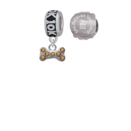 Silvertone Mini Brown Crystal Dog Bone 10K Run She Believed She Could Charm Beads (Set of 2)