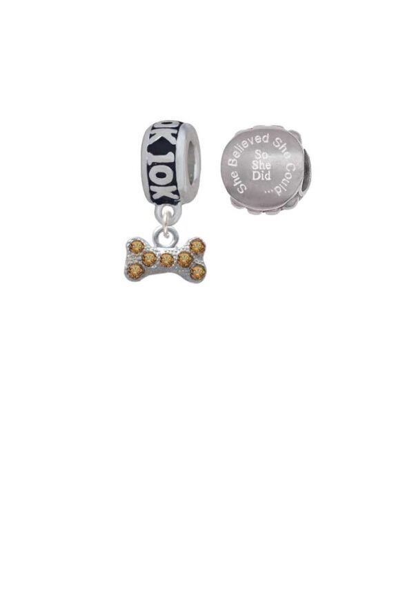 Silvertone Mini Brown Crystal Dog Bone 10K Run She Believed She Could Charm Beads (Set of 2)