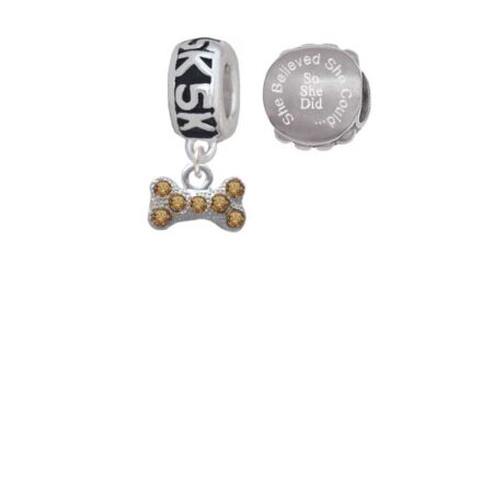 Silvertone Mini Brown Crystal Dog Bone 5K Run She Believed She Could Charm Beads (Set of 2)