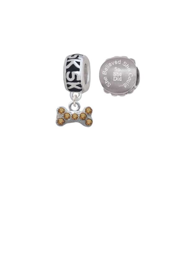 Silvertone Mini Brown Crystal Dog Bone 5K Run She Believed She Could Charm Beads (Set of 2)