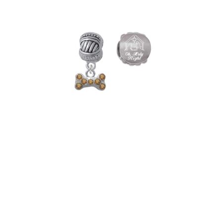 Silvertone Mini Brown Crystal Dog Bone Come Let us Adore Him Charm Beads (Set of 2)