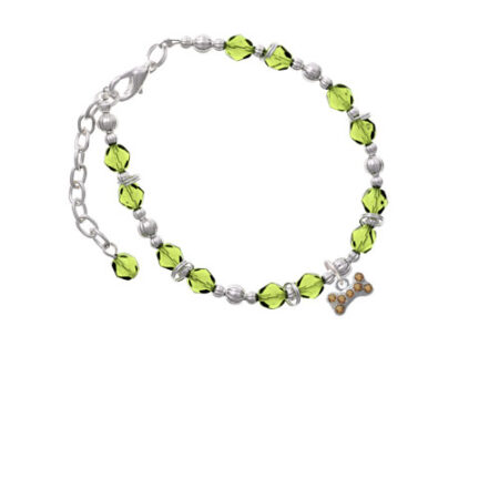 Silvertone Mini Brown Crystal Dog Bone Lime Green Beaded Bracelet