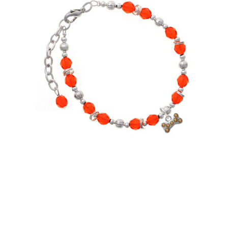 Silvertone Mini Brown Crystal Dog Bone Orange Beaded Bracelet