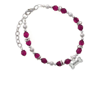 Silvertone Mini ''Rescue'' Dog Bone Magenta Beaded Bracelet