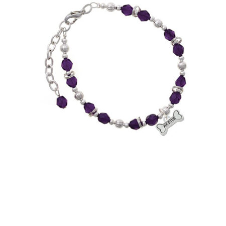 Silvertone Mini ''Rescue'' Dog Bone Purple Beaded Bracelet