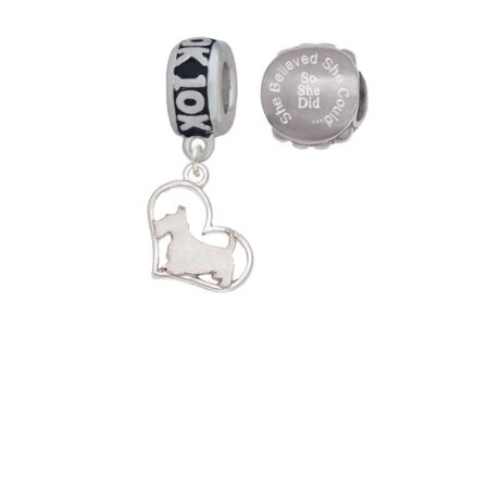 Silvertone Scottie Dog Silhouette Heart 10K Run She Believed She Could Charm Beads (Set of 2)