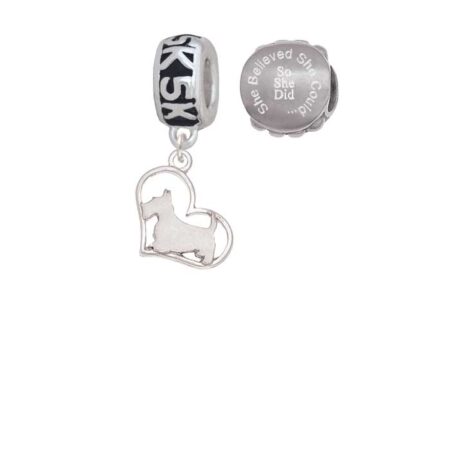 Silvertone Scottie Dog Silhouette Heart 5K Run She Believed She Could Charm Beads (Set of 2)