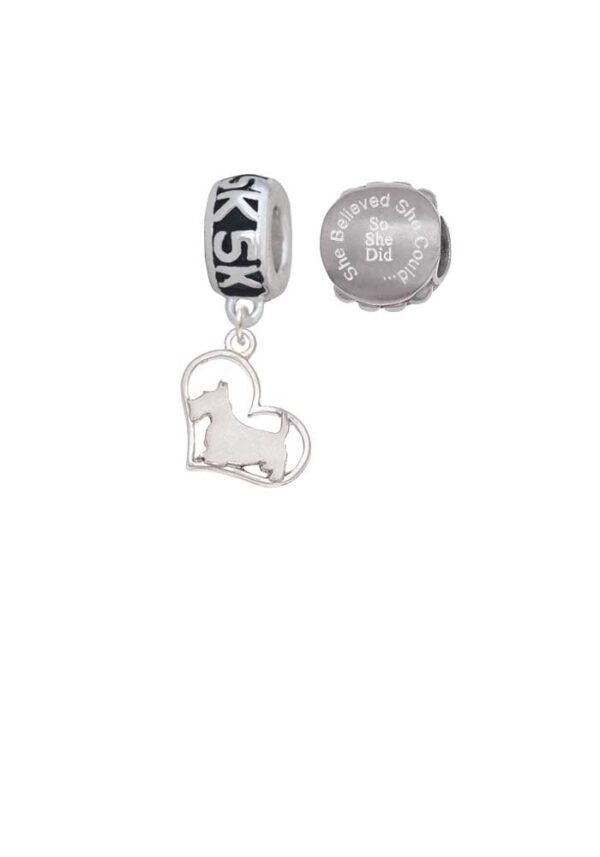 Silvertone Scottie Dog Silhouette Heart 5K Run She Believed She Could Charm Beads (Set of 2)