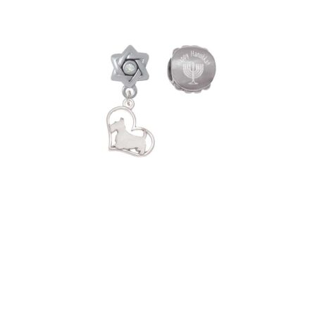 Silvertone Scottie Dog Silhouette Heart Happy Hanukkah Charm Beads (Set of 2)