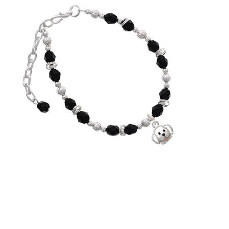 Silvertone Small Outline Dog Face Black Beaded Bracelet