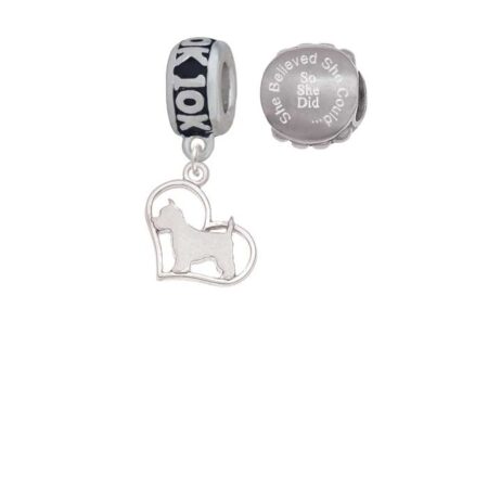 Silvertone Westie Silhouette Heart 10K Run She Believed She Could Charm Beads (Set of 2)