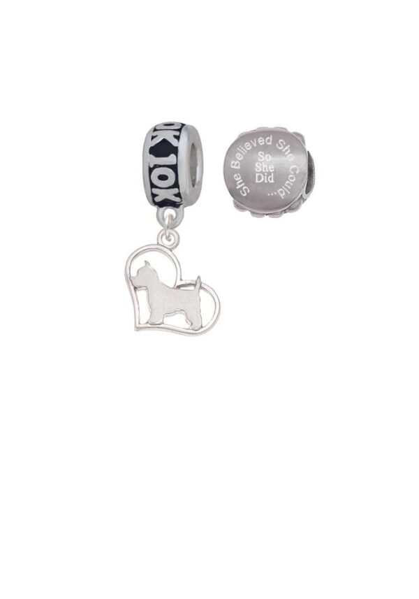 Silvertone Westie Silhouette Heart 10K Run She Believed She Could Charm Beads (Set of 2)